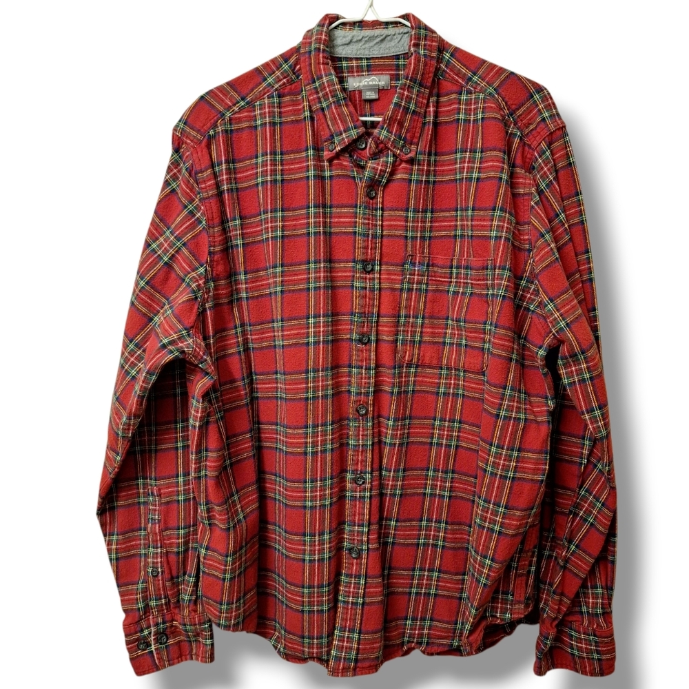 Eddie Bauer Mens XXL Red Plaid Flannel Shirt Long Sleeve Chest Pocket Cotton